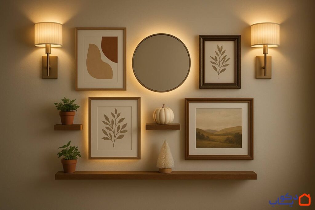 ترکیب تابلو دیواری با آینه و شلف؛ ایدههای خلاقانه برای دکوراسیون داخلی
